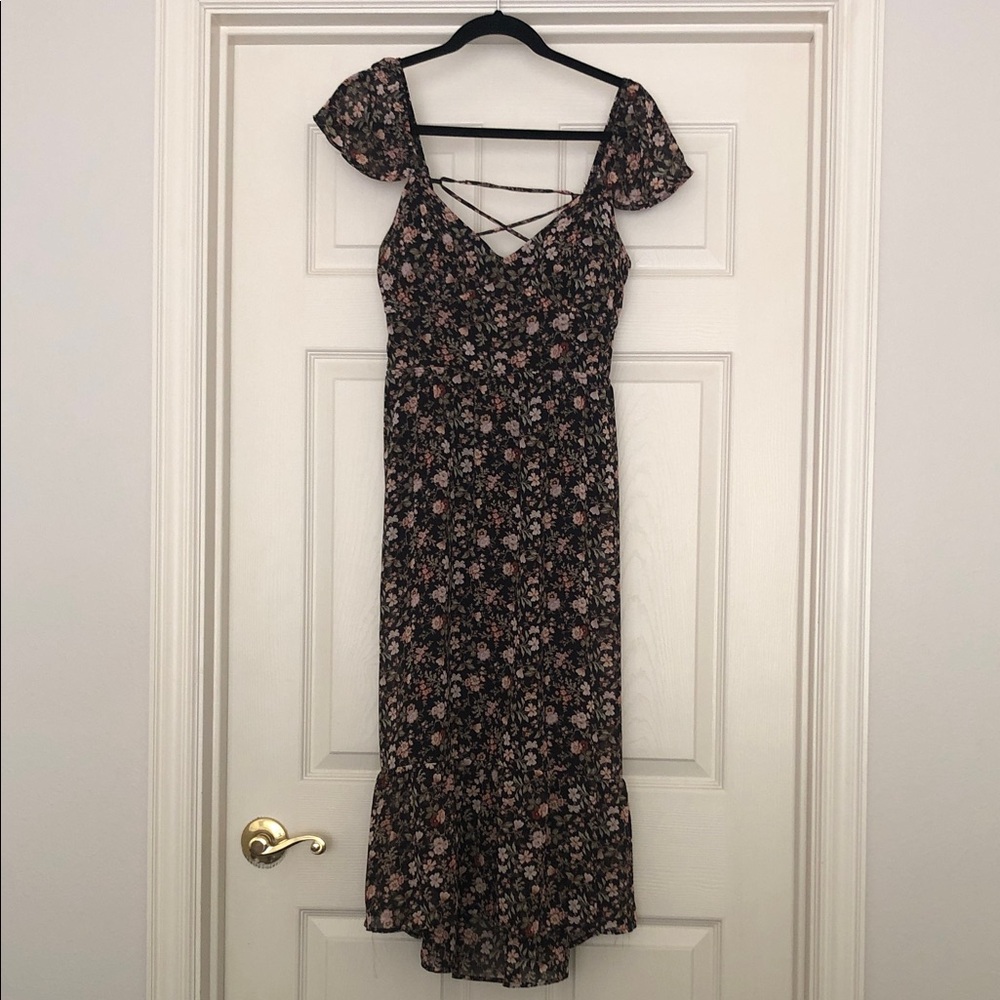 Lily Rose Black Floral Midi Dress with Pink and Peachy Accents Size L